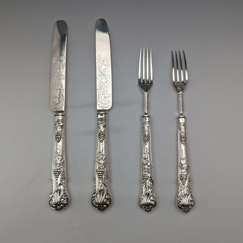 Juego de cubiertos para fruta de plata esterlina, 6 pares, total 561 g, William Sansom, antigüedad británica de 1842, en caja de madera