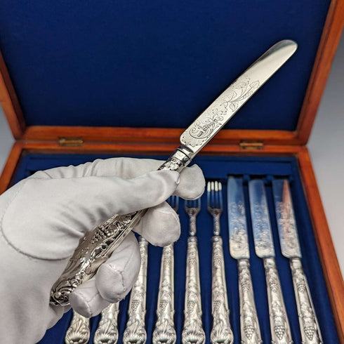Juego de cubiertos para fruta de plata esterlina, 6 pares, total 561 g, William Sansom, antigüedad británica de 1842, en caja de madera