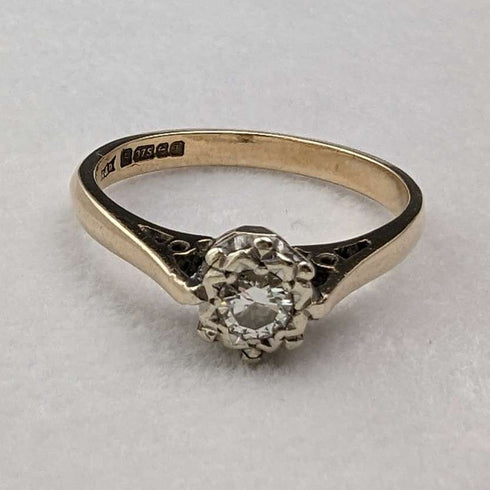Anillo vintage británico de oro de 9 quilates y diamante de 1980 (talla 12) RandD