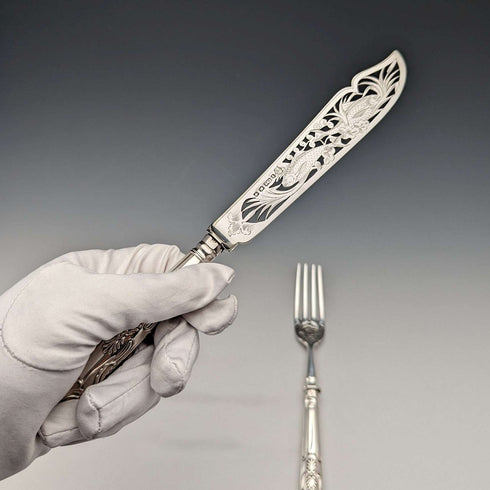 1836 British Antique Pure Silver Handle Fish Cutlery Pair Elkington