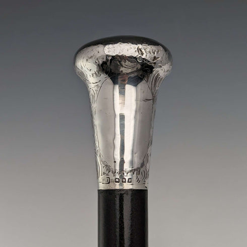 Bastón de caballero antiguo británico de 1922, plata maciza grabada con mango redondo, fuste negro, 90 cm, TD