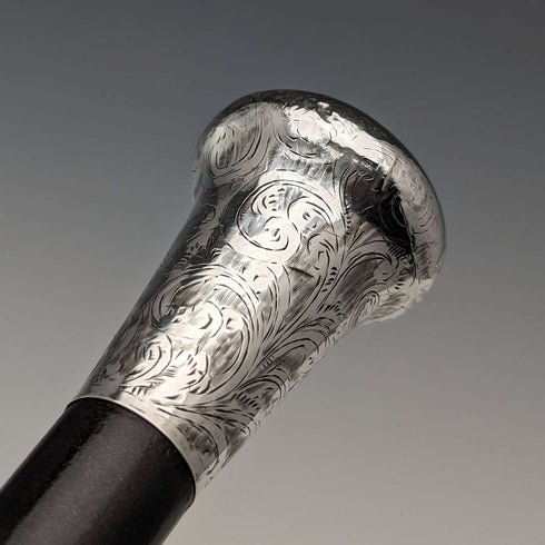 Bastón de caballero antiguo británico de 1922, plata maciza grabada con mango redondo, fuste negro, 90 cm, TD