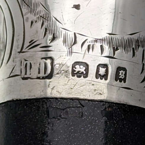 Bastón de caballero antiguo británico de 1922, plata maciza grabada con mango redondo, fuste negro, 90 cm, TD