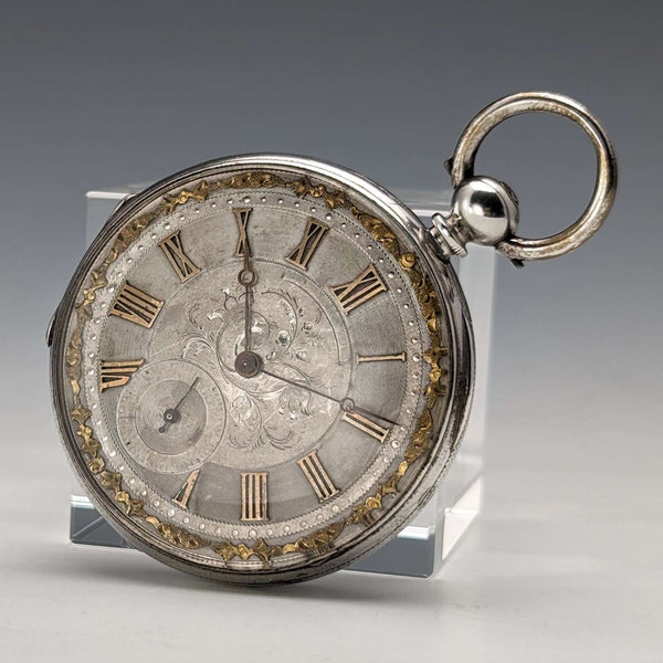 1880年頃 アンティーク Bauer 装飾ダイヤル 鍵巻き 懐中時計 銀側 直径44mm 稼働品 訳あり