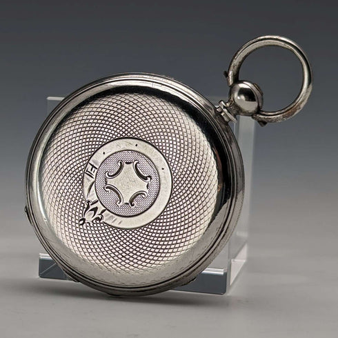 Reloj de bolsillo antiguo Bauer de hacia 1880, esfera decorada, carga por llave, caja de plata, diámetro 44 mm, en funcionamiento, con defectos.