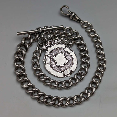 Cadena Albert de plata de ley, antigua, británica, circa 1900, 52 g, con medalla fob de plata de ley