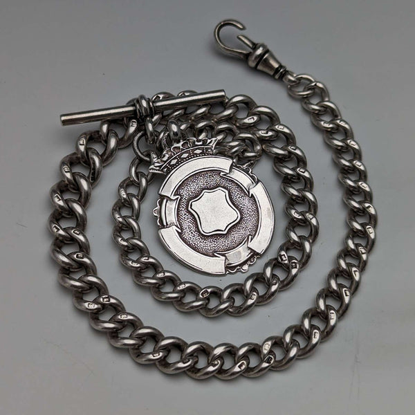 Cadena Albert de plata de ley, antigua, británica, circa 1900, 52 g, con medalla fob de plata de ley