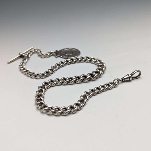 Cadena Albert de plata de ley, antigua, británica, circa 1900, 52 g, con medalla fob de plata de ley