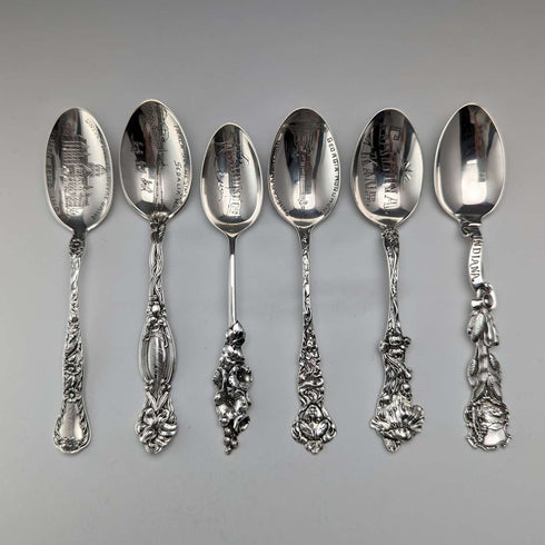 Hacia 1900, juego de 6 cucharas de recuerdo de plata esterlina de EE. UU., tamaño cucharadita, 115 g en total