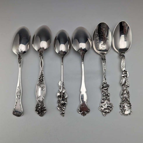 Hacia 1900, juego de 6 cucharas de recuerdo de plata esterlina de EE. UU., tamaño cucharadita, 115 g en total