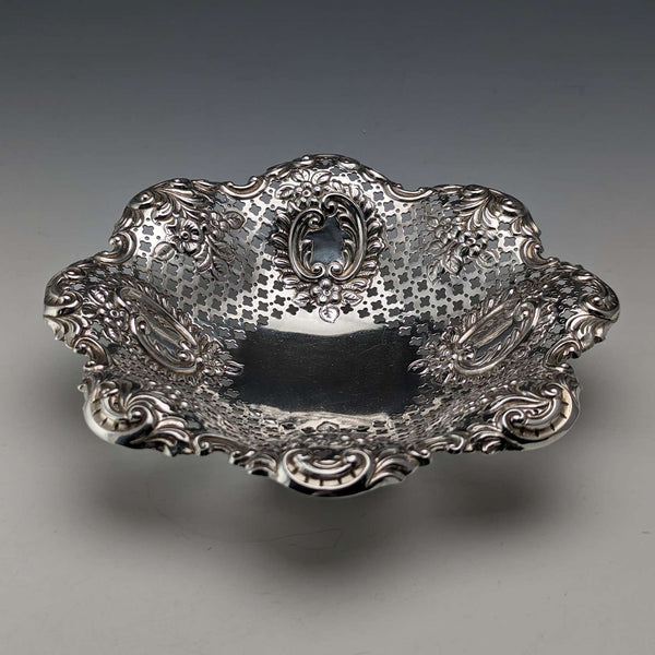 1895 British antique sterling silver floral dish, 111g, James Dixon & Sons