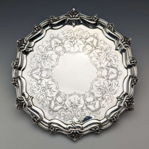 Salva de plata esterlina antigua inglesa de 1846, bandeja para tarjetas, 23 cm de diámetro, 396 g, George Frederick Pinnell