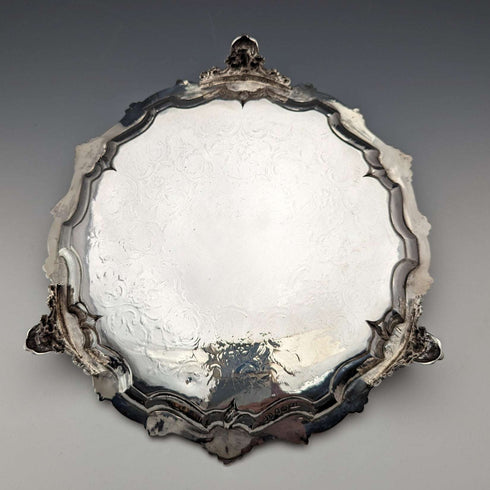 Salva de plata esterlina antigua inglesa de 1846, bandeja para tarjetas, 23 cm de diámetro, 396 g, George Frederick Pinnell