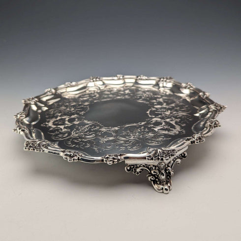 Salva de plata esterlina antigua inglesa de 1846, bandeja para tarjetas, 23 cm de diámetro, 396 g, George Frederick Pinnell