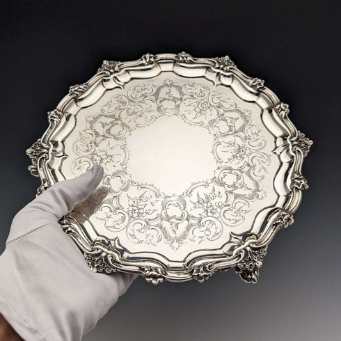 Salva de plata esterlina antigua inglesa de 1846, bandeja para tarjetas, 23 cm de diámetro, 396 g, George Frederick Pinnell