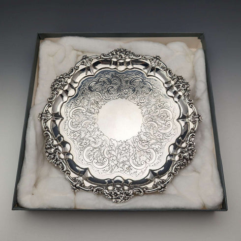 1829年 英国アンティーク 純銀製サルヴァ カードトレイ 直径25cm 560g John&William Barnard
