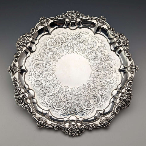 1829年 英国アンティーク 純銀製サルヴァ カードトレイ 直径25cm 560g John&William Barnard