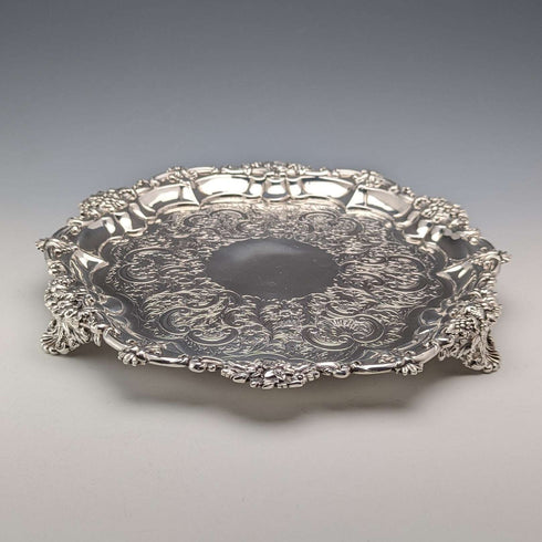 1829年 英国アンティーク 純銀製サルヴァ カードトレイ 直径25cm 560g John&William Barnard