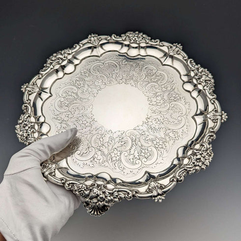 1829年 英国アンティーク 純銀製サルヴァ カードトレイ 直径25cm 560g John&William Barnard