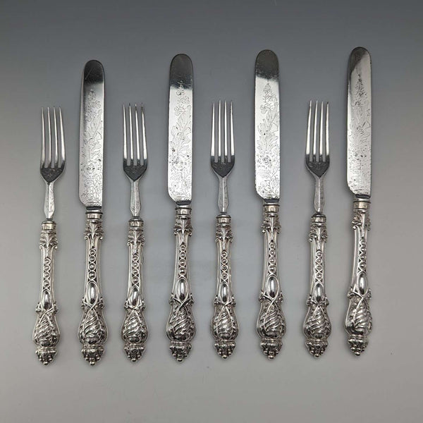 Circa 1860 British antique silver handle cutlery, 4 pairs, Harrison Brothers & Howson