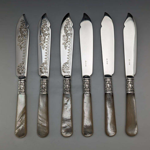 1900년경 영국 엔틱 백접패 핸들 디저트 커틀러리 6페어 세트 (나무 상자 포함)