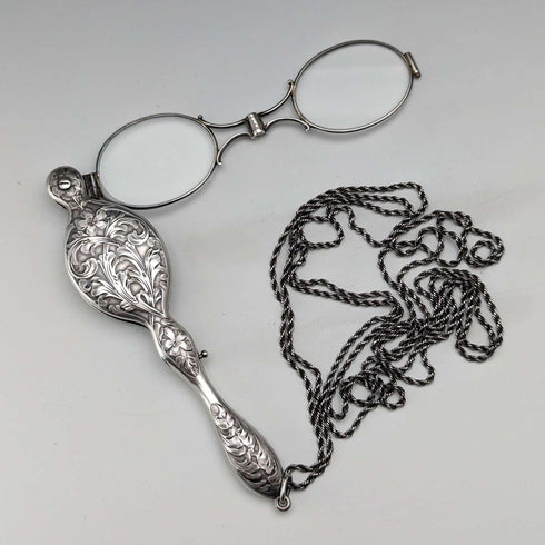 American antique sterling silver detailed portable folding glasses with chain