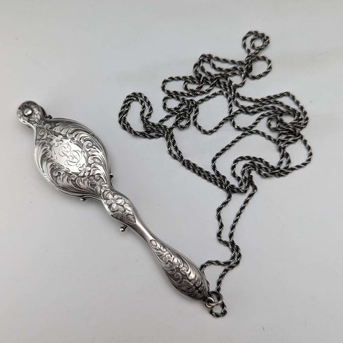 American antique sterling silver detailed portable folding glasses with chain