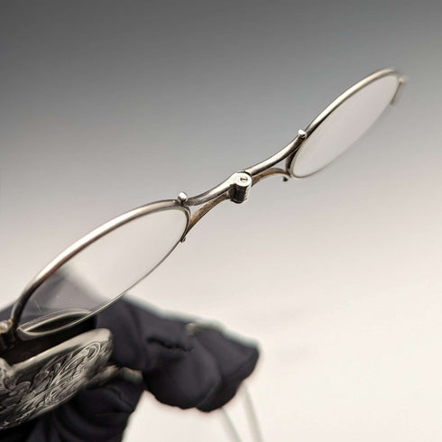 American antique sterling silver detailed portable folding glasses with chain