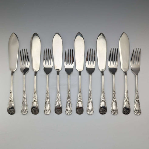 Juego de 6 pares de cubiertos para pescado de plata chapada, antigüedades británicas, J.G. Graves