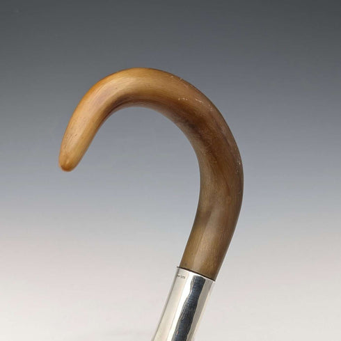 Bastón vintage para caballero con mango de cuerno curvado y detalles en plata de ley, 86 cm