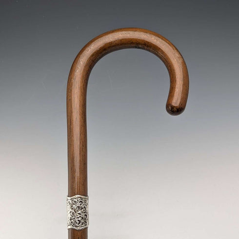 1918年 英国古董 绅士用浮雕纯银装饰 弯柄手杖 91cm