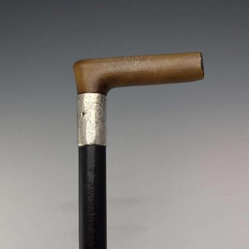 1897年 英国古董 绅士用纯银装饰L型号角柄手杖 83cm