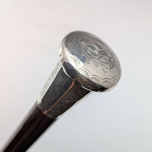 1925 British Vintage Men's Sterling Silver Round Handle Walking Stick 84cm