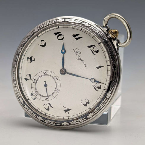 Reloj de bolsillo Longines vintage de 1925 aproximadamente, caja de niello delgada, calibre 18.79N, en buen estado de funcionamiento.