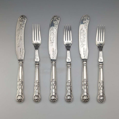 Cubiertos de pescado de plata esterlina británica antigua de 1836, 3 pares, 319 g en total, Charles Needham