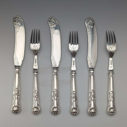 Cubiertos de pescado de plata esterlina británica antigua de 1836, 3 pares, 319 g en total, Charles Needham