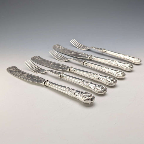 Cubiertos de pescado de plata esterlina británica antigua de 1836, 3 pares, 319 g en total, Charles Needham