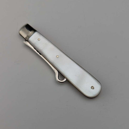 1904 British antique white mother-of-pearl handle and pure silver button hook by John Holmes