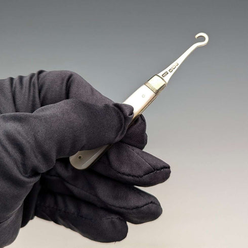 1904 British antique white mother-of-pearl handle and pure silver button hook by John Holmes