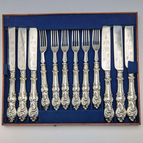 1882 British Antique Silver Plate Cutlery Set of 6 Pairs with Carved Blades, Elkington