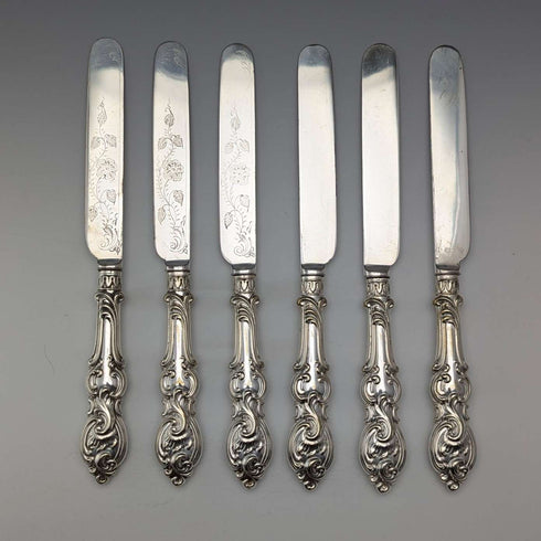 1882 British Antique Silver Plate Cutlery Set of 6 Pairs with Carved Blades, Elkington