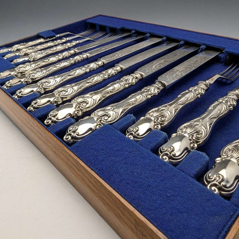 Juego de 6 pares de cubiertos de plata chapada, antigüedades británicas de finales del siglo XIX, Martin & Hall