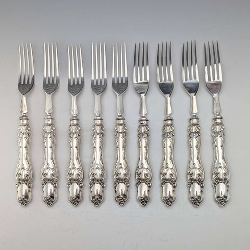 Juego de 6 pares de cubiertos de plata chapada, antigüedades británicas de finales del siglo XIX, Martin & Hall