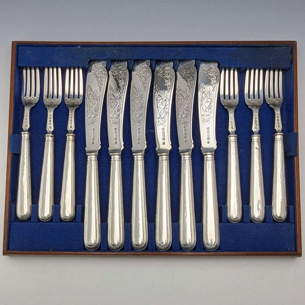 1870년경 영국 앤티크 총 순은제 피쉬 커틀러리 6페어 세트 총 624g John Gilbert