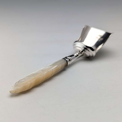 1890 British antique sterling silver and white mother of pearl handle tea caddy spoon Hilliard & Thomason