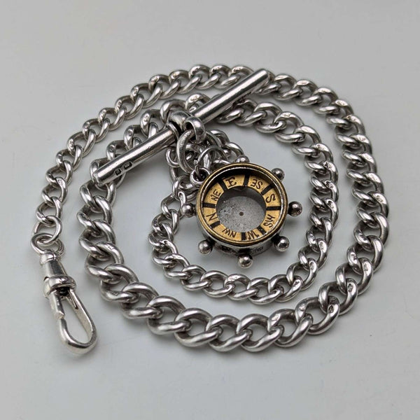 Cadena Albert de plata de ley, antigüedad británica de alrededor de 1900, 25 g, con dije de brújula de plata de ley