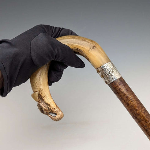 1899年 英国アンティーク 紳士用 純銀装飾 ホーンハンドル ステッキ 杖 101cm