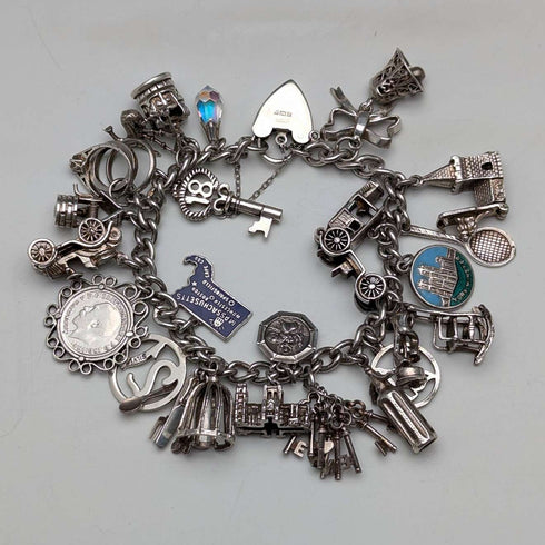 Pulsera de dijes de plata de ley vintage británica de 1970, 78 g, D&BS