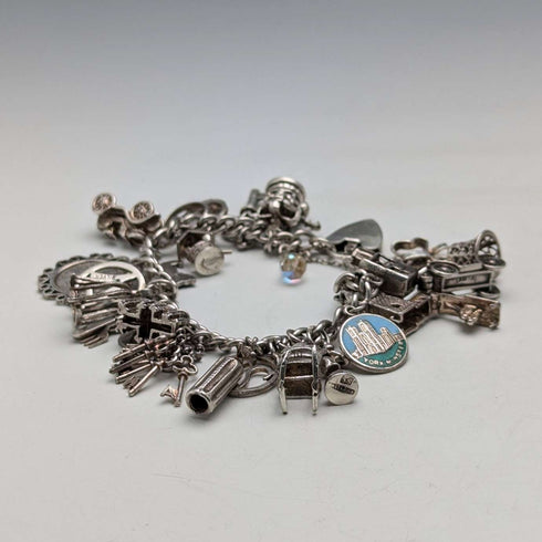 Pulsera de dijes de plata de ley vintage británica de 1970, 78 g, D&BS