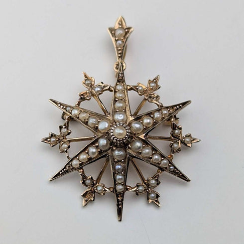 1909 British antique 9ct gold and pearl pendant brooch